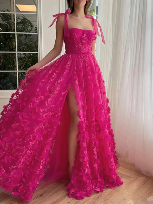 A-Line Princess Spaghetti Straps Long Prom Floral Dresses With Split Side