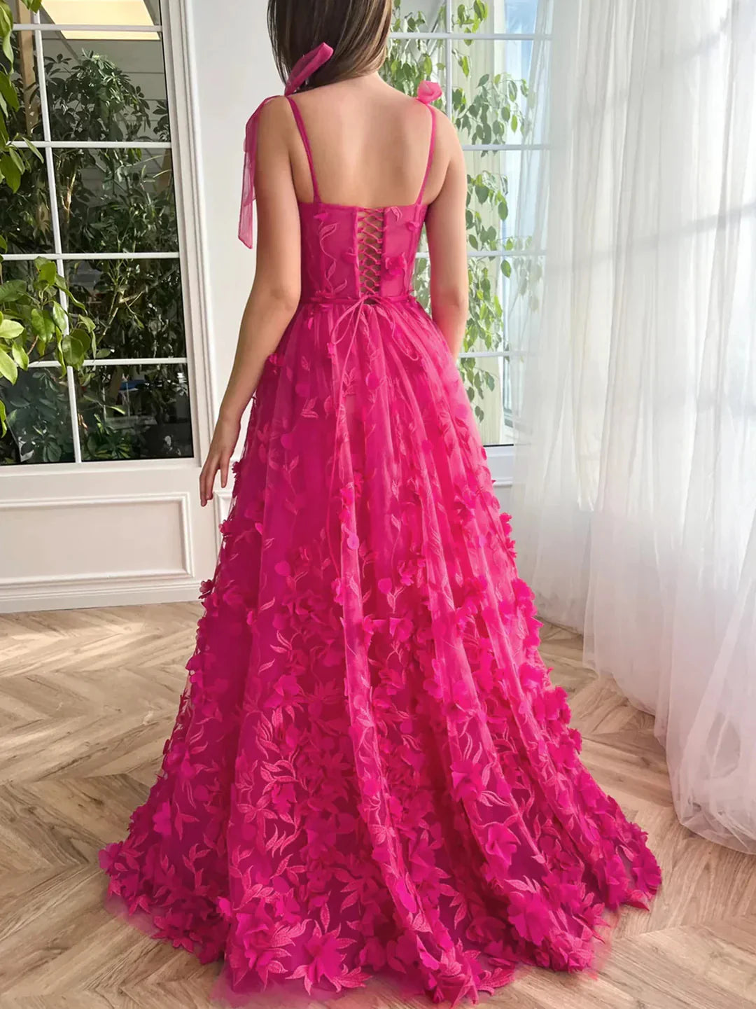 A-Line Princess Spaghetti Straps Long Prom Floral Dresses With Split Side