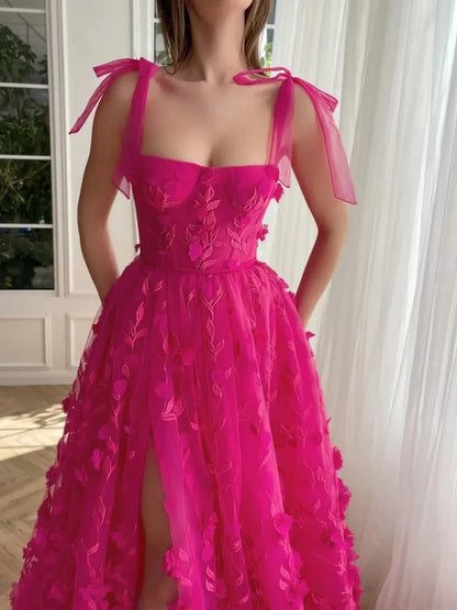 A-Line Princess Spaghetti Straps Long Prom Floral Dresses With Split Side