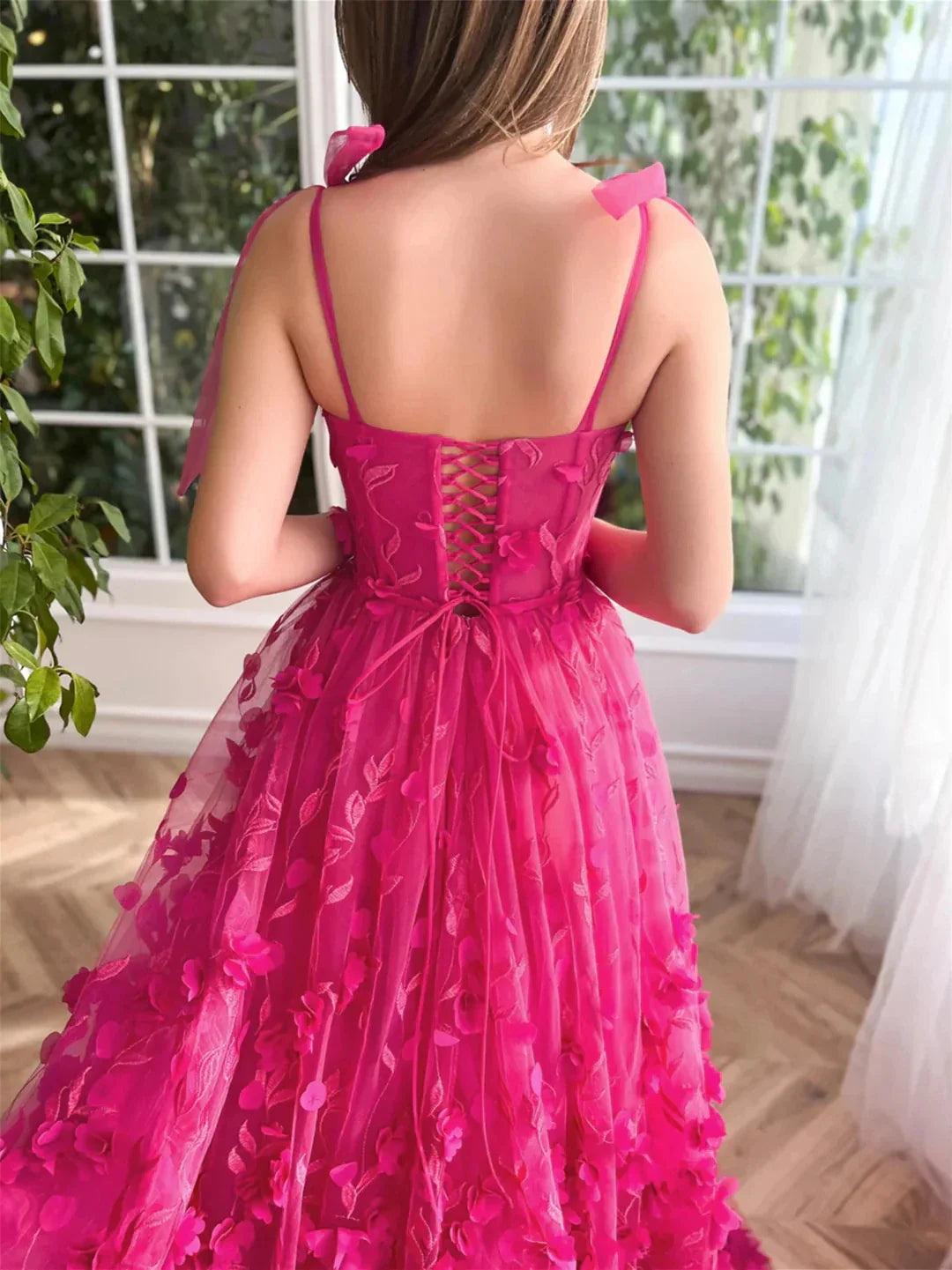 A-Line Princess Spaghetti Straps Long Prom Floral Dresses With Split Side
