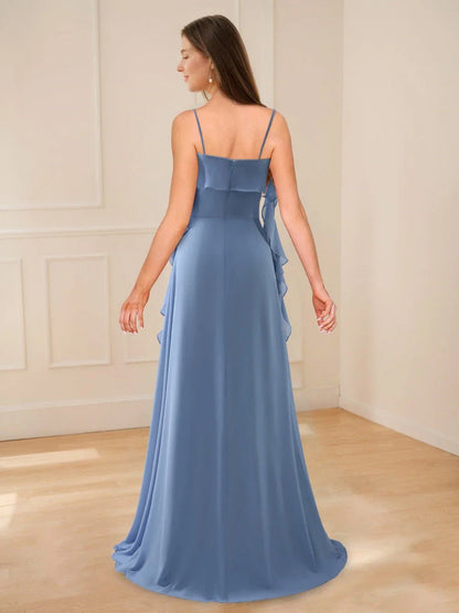 A-Line Princess Spaghetti Straps Ruched Bridesmaid Dresses with Side Slit & Ruffles
