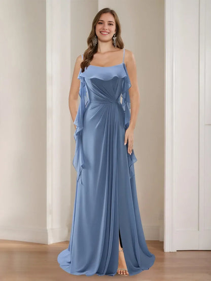A-Line Princess Spaghetti Straps Ruched Bridesmaid Dresses with Side Slit & Ruffles