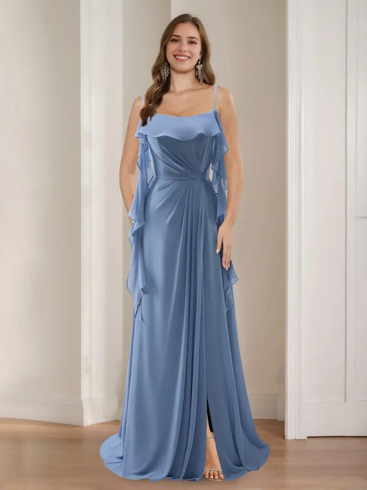 A-Line Princess Spaghetti Straps Ruched Bridesmaid Dresses with Side Slit & Ruffles