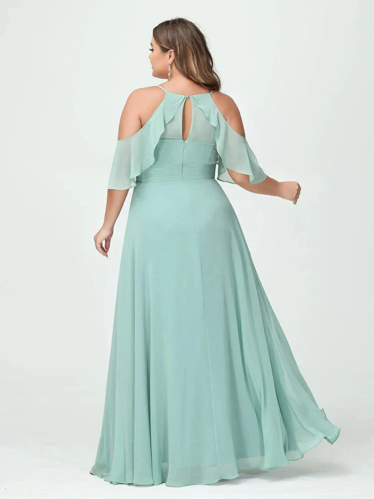 A-Line Princess Spaghetti Straps Short Sleeves Chiffon Plus Size Bridesmaid Dresses with Pockets,Ruched Split Side