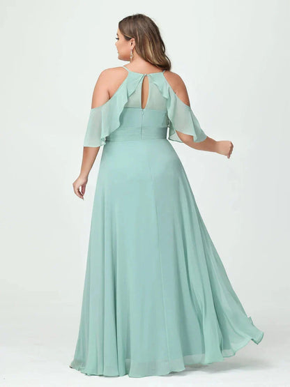 A-Line Princess Spaghetti Straps Short Sleeves Chiffon Plus Size Bridesmaid Dresses with Pockets,Ruched Split Side