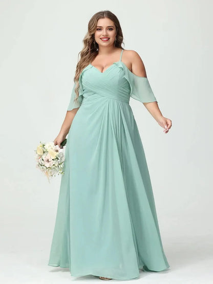 A-Line Princess Spaghetti Straps Short Sleeves Chiffon Plus Size Bridesmaid Dresses with Pockets,Ruched Split Side