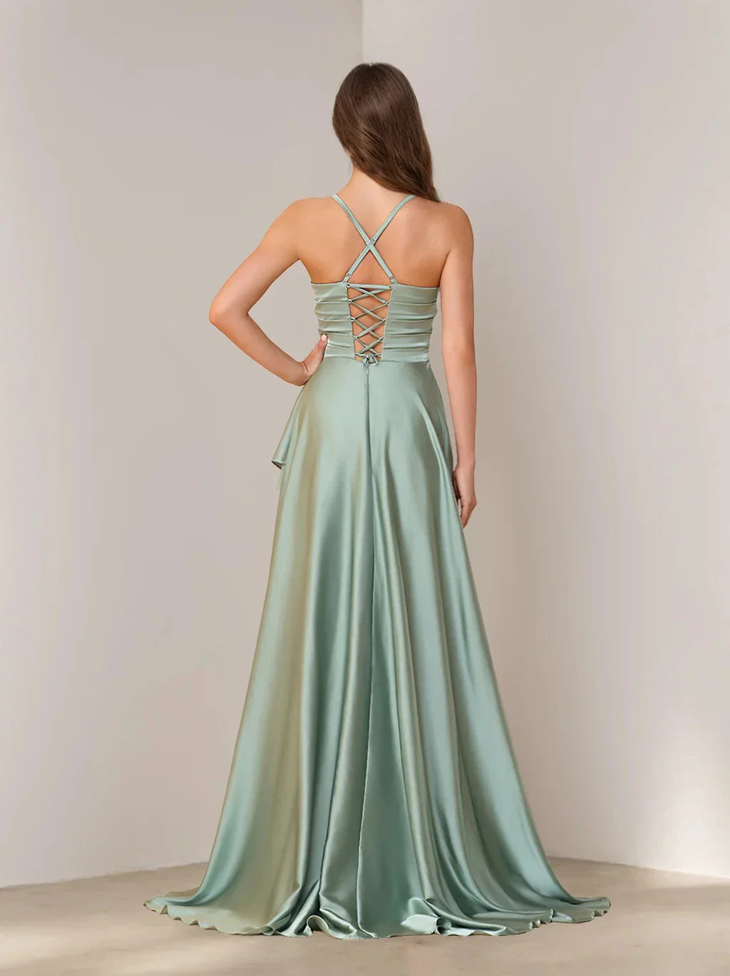 A-Line Princess Spaghetti Straps Sleeveless Asymmetrical Bridesmaid Dresses with Split Side