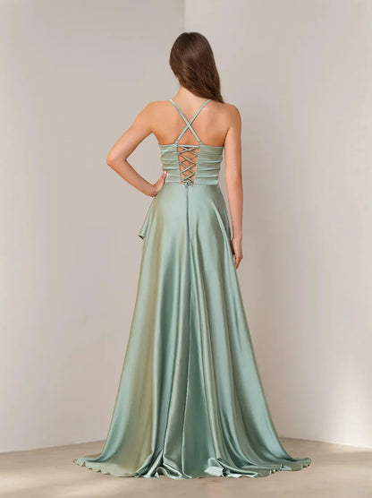 A-Line Princess Spaghetti Straps Sleeveless Asymmetrical Bridesmaid Dresses with Split Side
