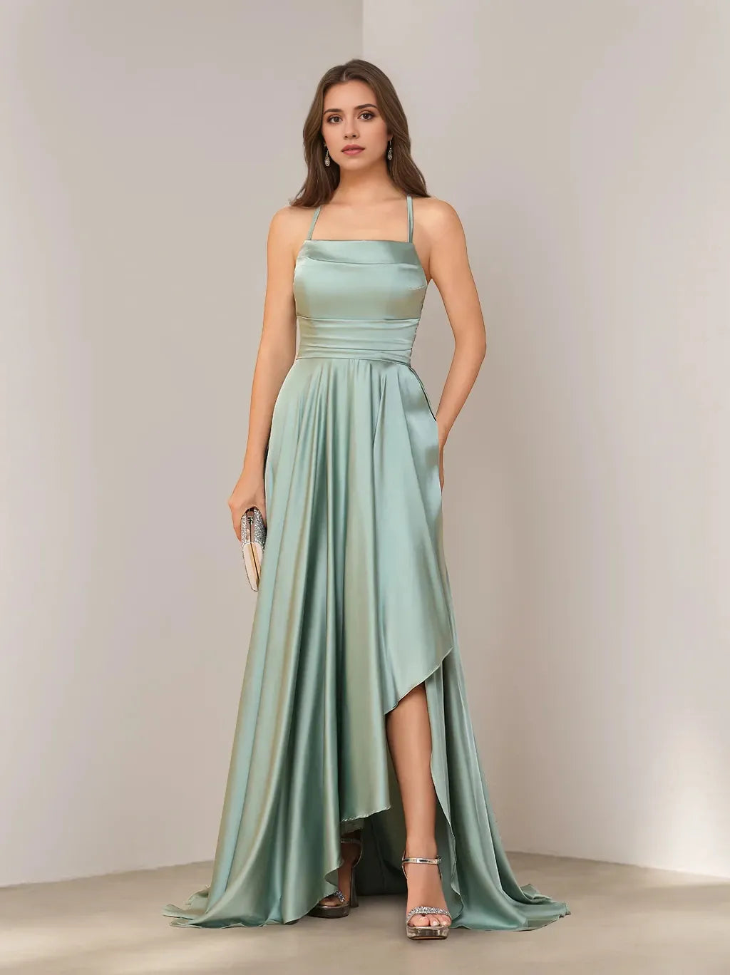 A-Line Princess Spaghetti Straps Sleeveless Asymmetrical Bridesmaid Dresses with Split Side