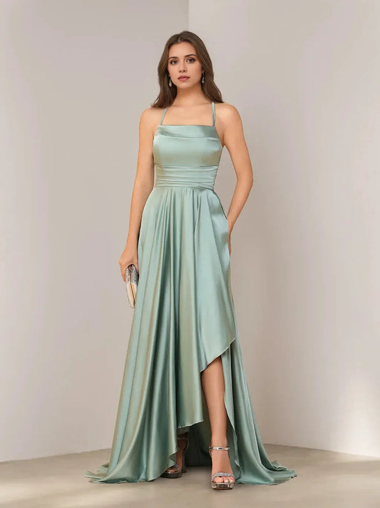 A-Line Princess Spaghetti Straps Sleeveless Asymmetrical Bridesmaid Dresses with Split Side