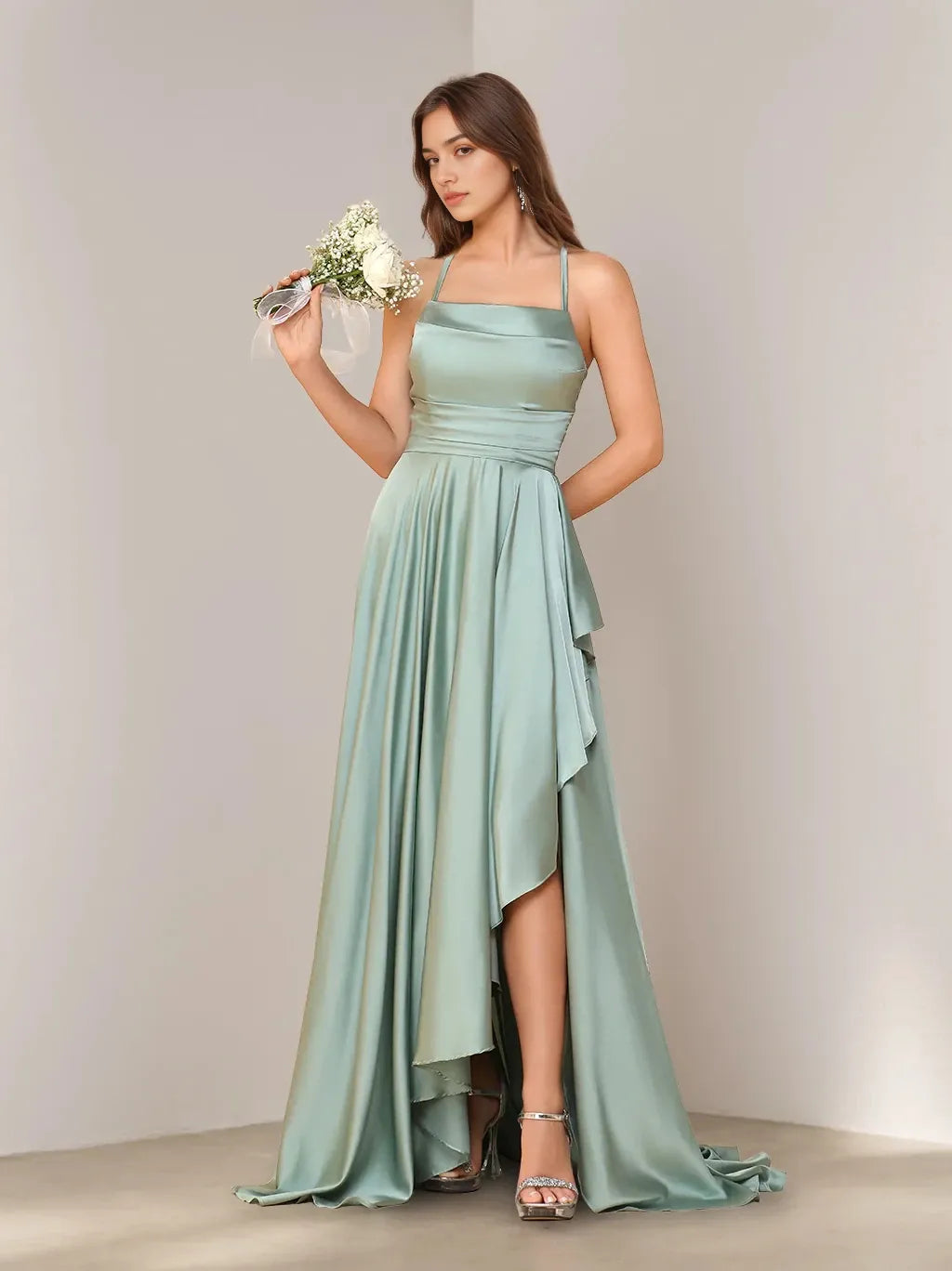 A-Line Princess Spaghetti Straps Sleeveless Asymmetrical Bridesmaid Dresses with Split Side