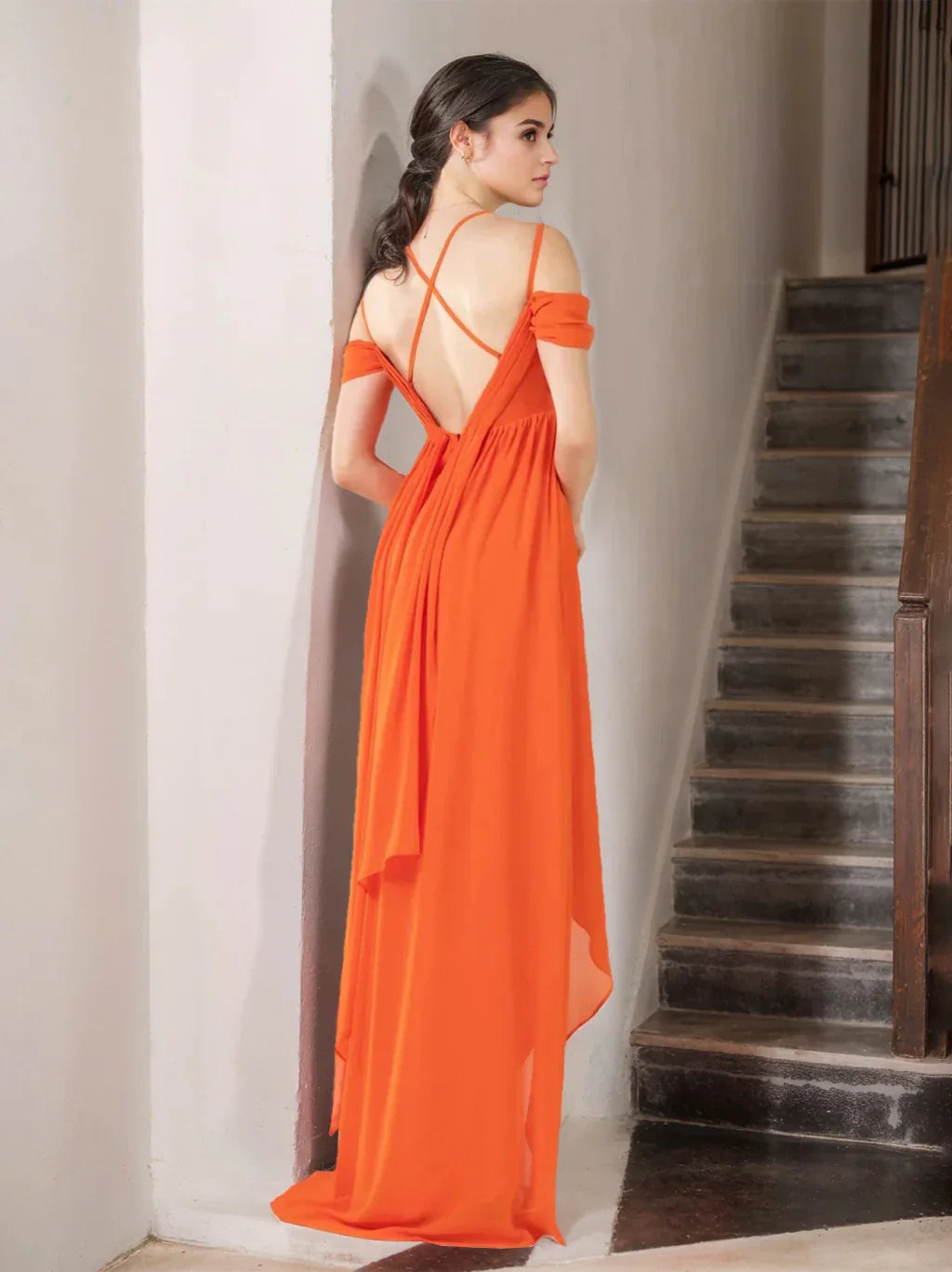 A-Line Princess Spaghetti Straps Sleeveless Asymmetrical Unique Bridesmaid Dresses with Ruffles