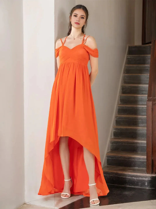 A-Line Princess Spaghetti Straps Sleeveless Asymmetrical Unique Bridesmaid Dresses with Ruffles
