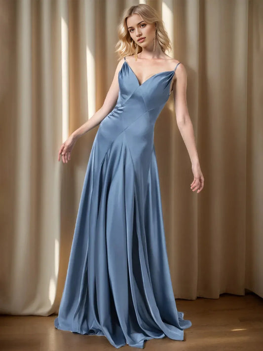 A-Line Princess Spaghetti Straps Sleeveless Floor-Length Bridesmaid Dresses