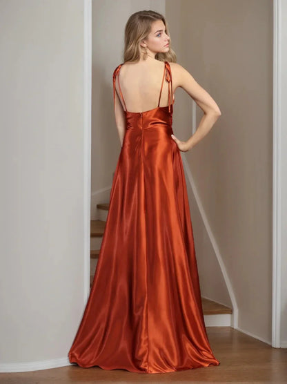 A-Line Princess Spaghetti Straps Sleeveless Floor-Length Bridesmaid Dresses with Split Side