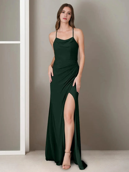 A-Line Princess Spaghetti Straps Sleeveless Floor-Length Bridesmaid Dresses with Split Side & Ruching