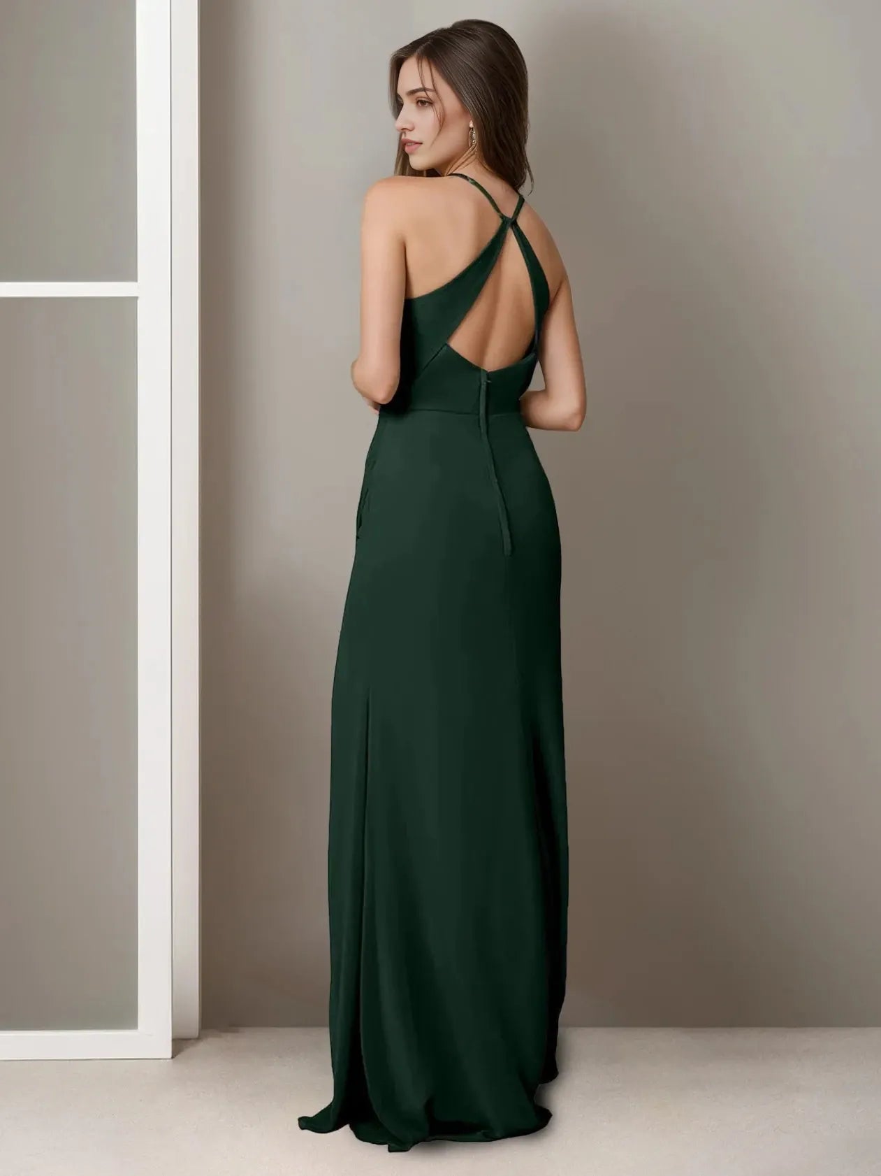 A-Line Princess Spaghetti Straps Sleeveless Floor-Length Bridesmaid Dresses with Split Side & Ruching