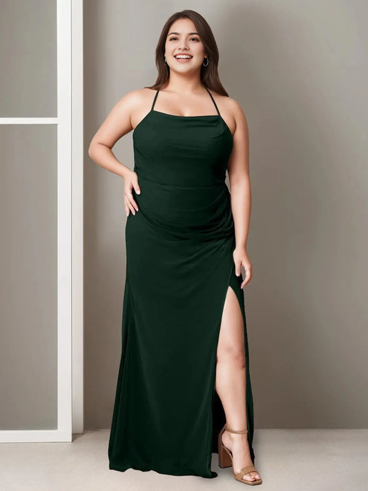 A-Line Princess Spaghetti Straps Sleeveless Floor-Length Bridesmaid Dresses with Split Side & Ruching