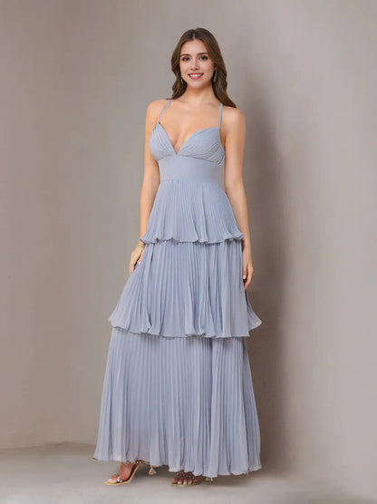 A-Line Princess Spaghetti Straps Sleeveless Floor-Length Chiffon Bridesmaid Dresses with Pleated