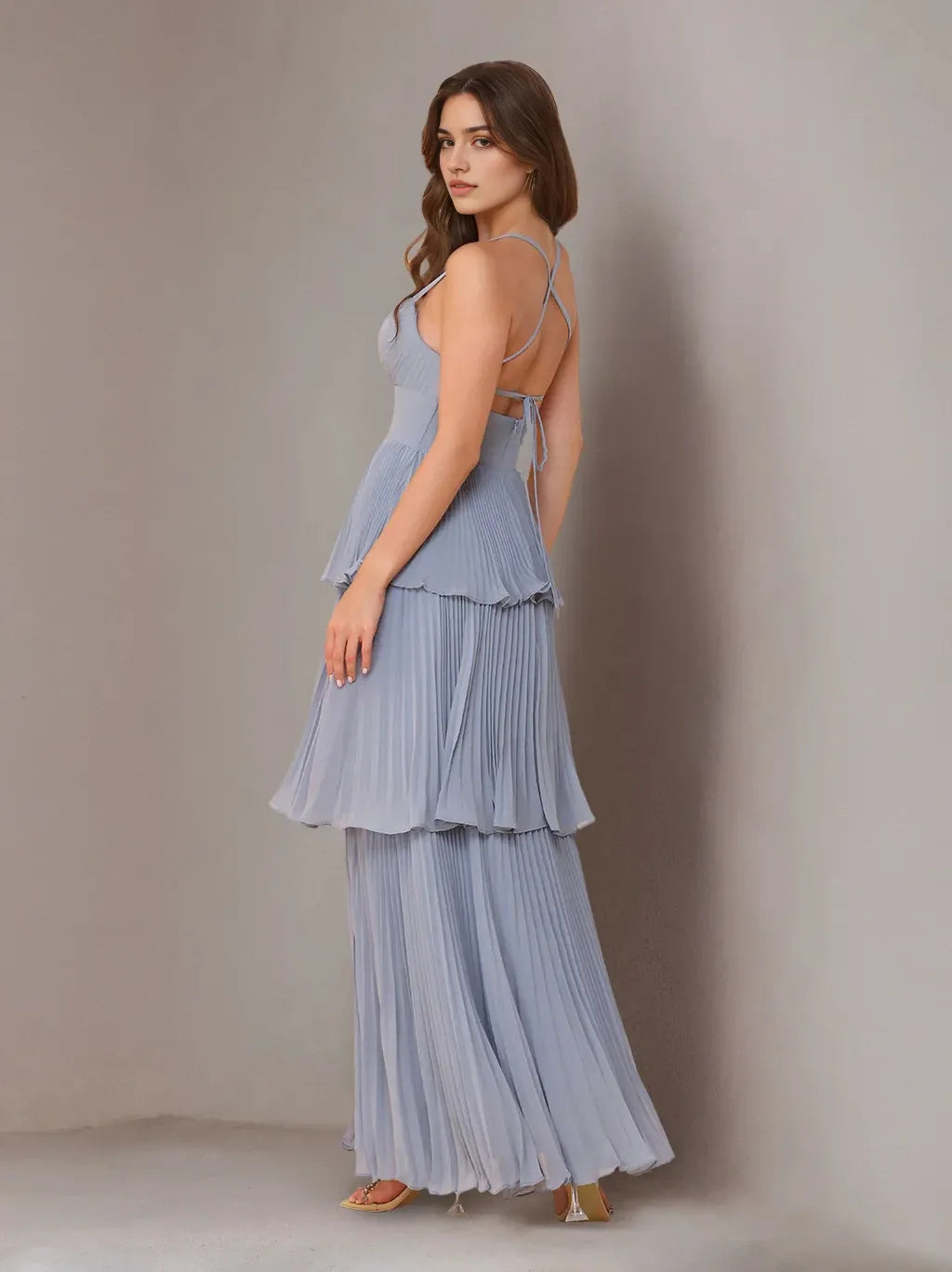 A-Line Princess Spaghetti Straps Sleeveless Floor-Length Chiffon Bridesmaid Dresses with Pleated