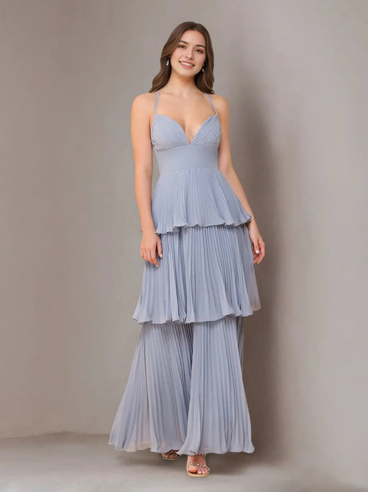 A-Line Princess Spaghetti Straps Sleeveless Floor-Length Chiffon Bridesmaid Dresses with Pleated