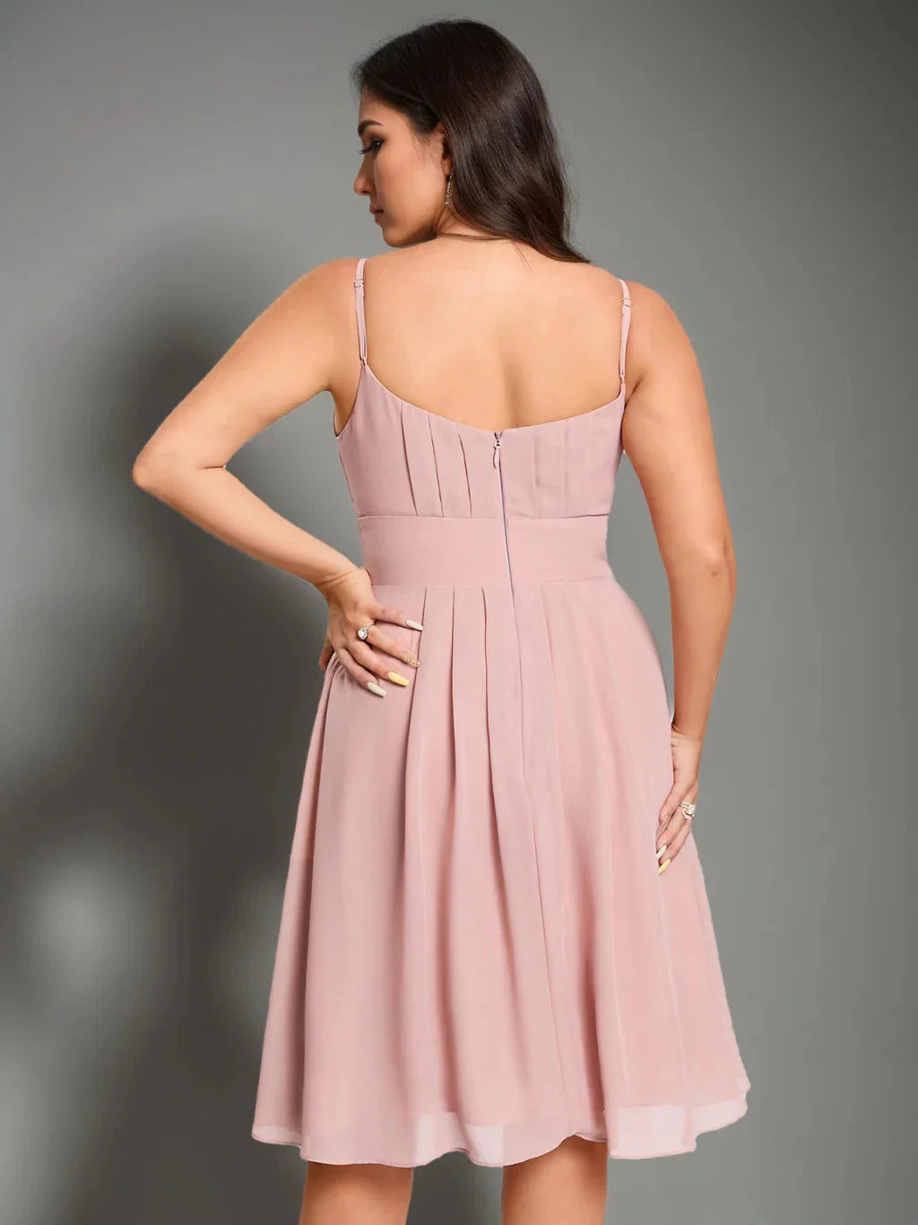 A-Line Princess Spaghetti Straps Sleeveless Knee-Length Plus Size Bridesmaid Dresses with Ruffles