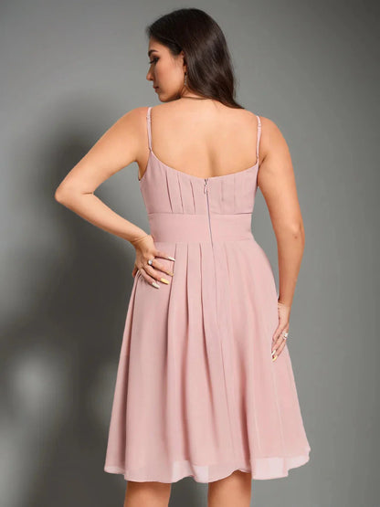 A-Line Princess Spaghetti Straps Sleeveless Knee-Length Plus Size Bridesmaid Dresses with Ruffles