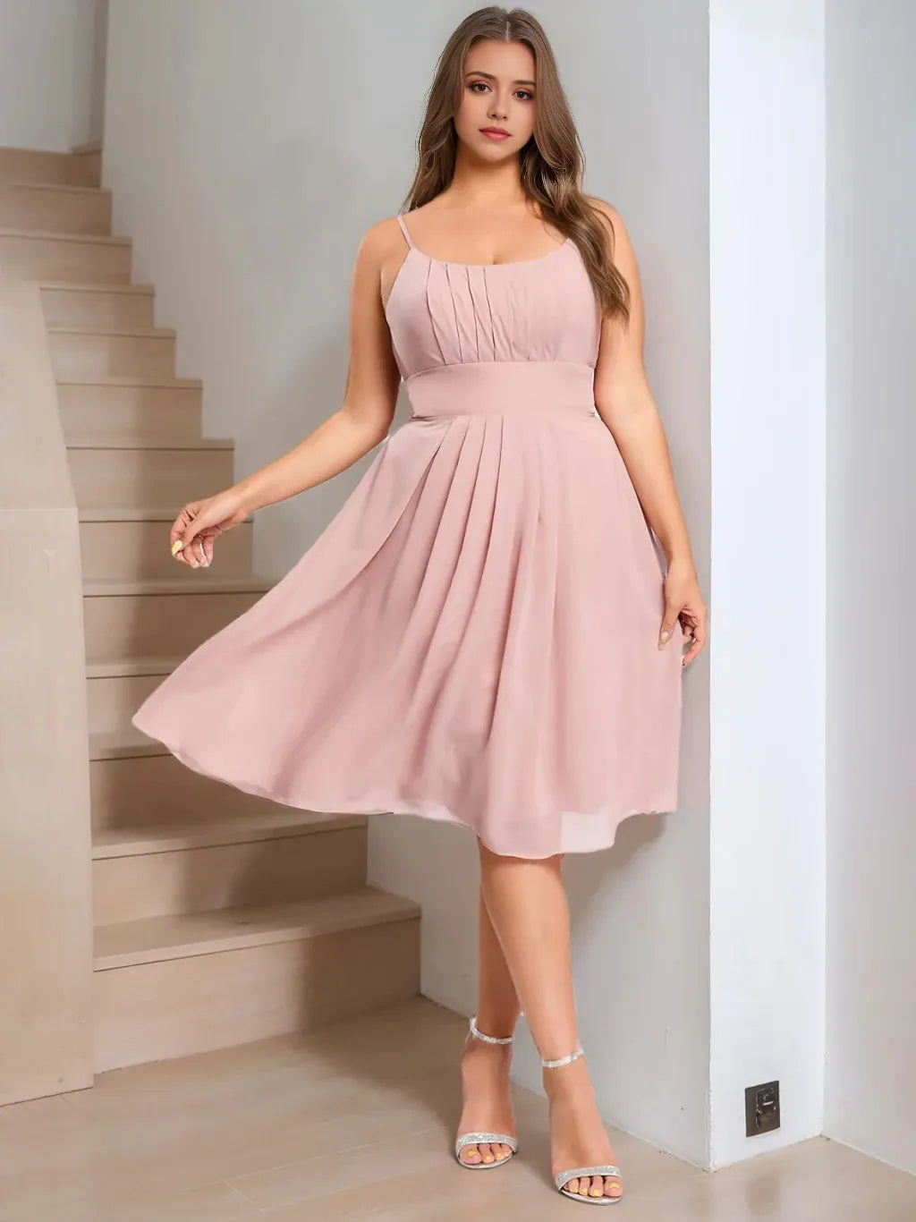 A-Line Princess Spaghetti Straps Sleeveless Knee-Length Plus Size Bridesmaid Dresses with Ruffles