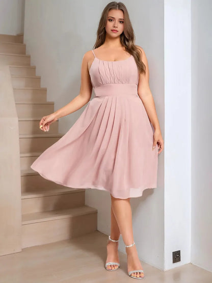 A-Line Princess Spaghetti Straps Sleeveless Knee-Length Plus Size Bridesmaid Dresses with Ruffles
