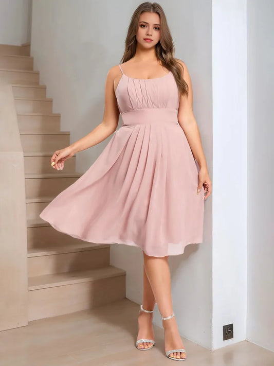 A-Line Princess Spaghetti Straps Sleeveless Knee-Length Plus Size Bridesmaid Dresses with Ruffles