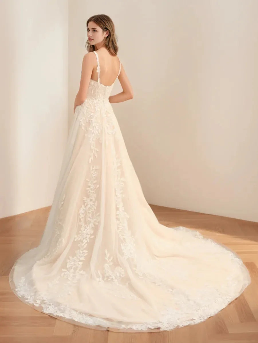 A-Line Princess Spaghetti Straps Sleeveless Long Wedding Dresses with Appliques