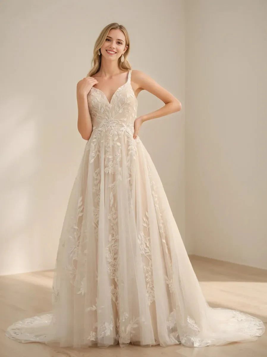 A-Line Princess Spaghetti Straps Sleeveless Long Wedding Dresses with Appliques