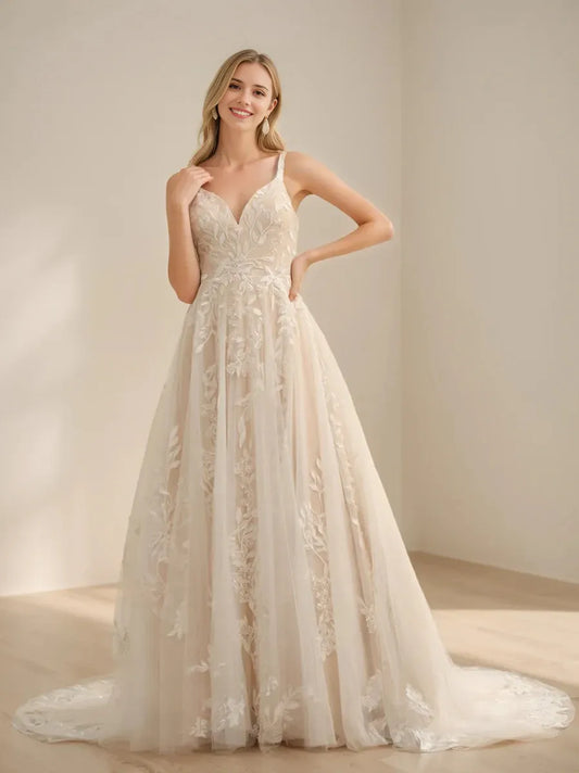 A-Line Princess Spaghetti Straps Sleeveless Long Wedding Dresses with Appliques