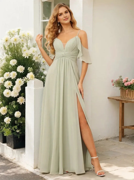 A-Line Princess Spaghetti Straps V-Neck Floor-Length Bridesmaid Dresses with Split Side