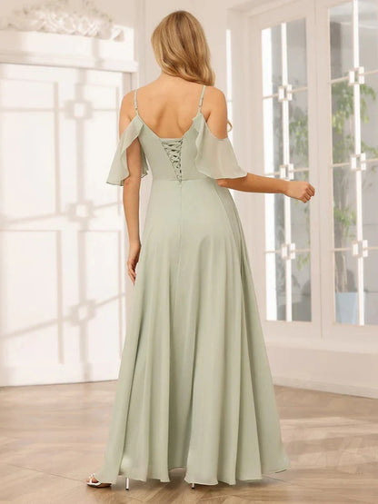 A-Line Princess Spaghetti Straps V-Neck Floor-Length Bridesmaid Dresses with Split Side
