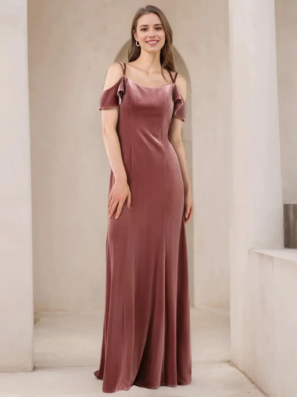 A-Line Princess Spaghetti Straps Velvet Floor-Length Bridesmaid Dresses