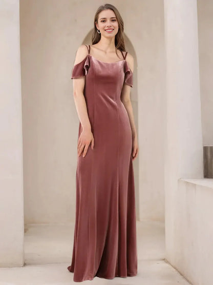 A-Line Princess Spaghetti Straps Velvet Floor-Length Bridesmaid Dresses
