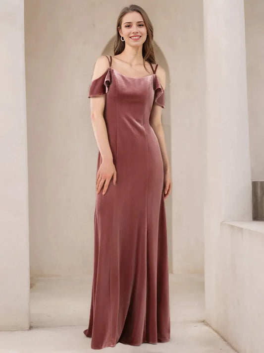 A-Line Princess Spaghetti Straps Velvet Floor-Length Bridesmaid Dresses
