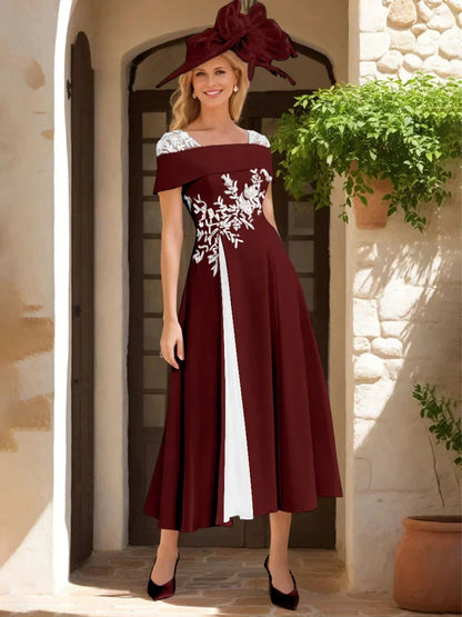 A-Line Princess Square Neck Short Sleeves Mother of the Bride Dresses with Ruffles & Appliques