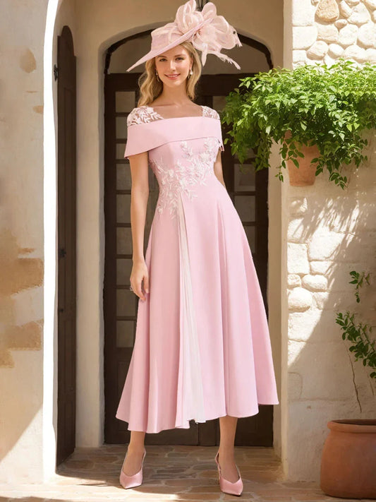 A-Line Princess Square Neck Short Sleeves Mother of the Bride Dresses with Ruffles & Appliques