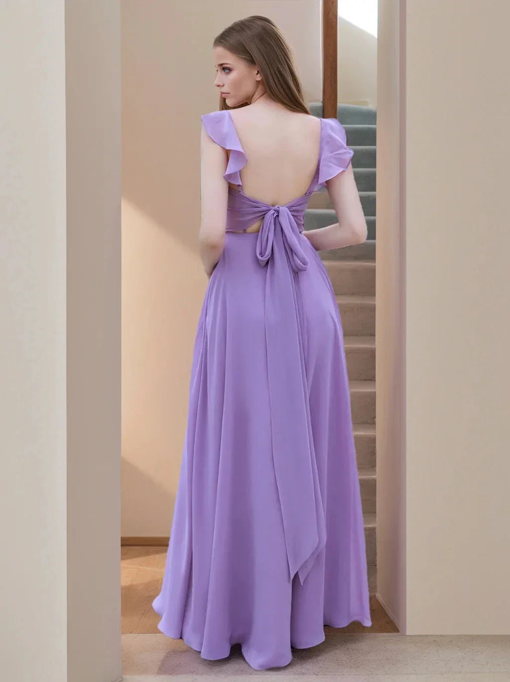 A-Line Princess Square Neck Sleeveless Floor-Length Bridesmaid Dresses with Ruffles