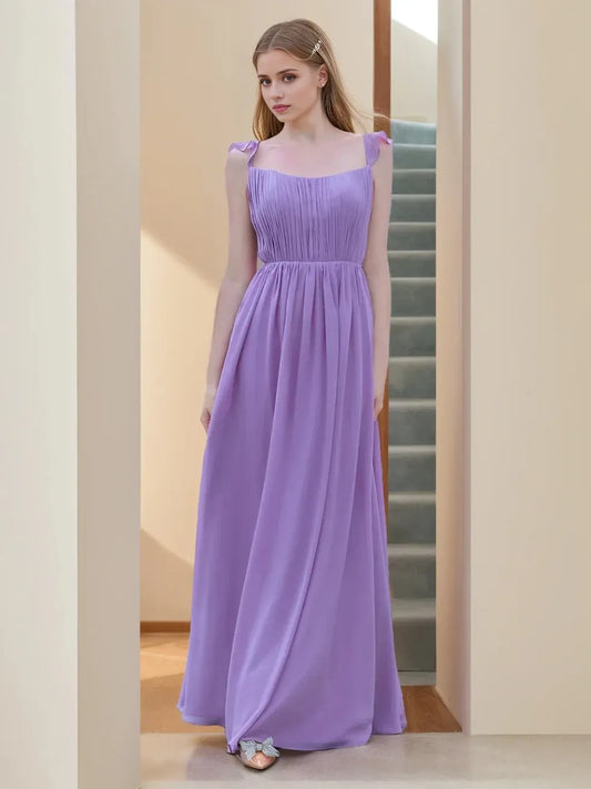 A-Line Princess Square Neck Sleeveless Floor-Length Bridesmaid Dresses with Ruffles