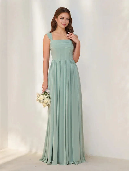 A-Line Princess Square Neck Sleeveless Floor-Length Chiffon Bridesmaid Dresses with Pleats