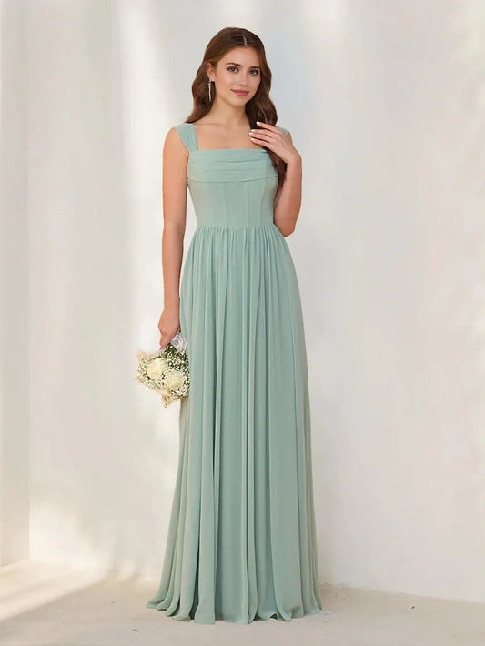 A-Line Princess Square Neck Sleeveless Floor-Length Chiffon Bridesmaid Dresses with Pleats