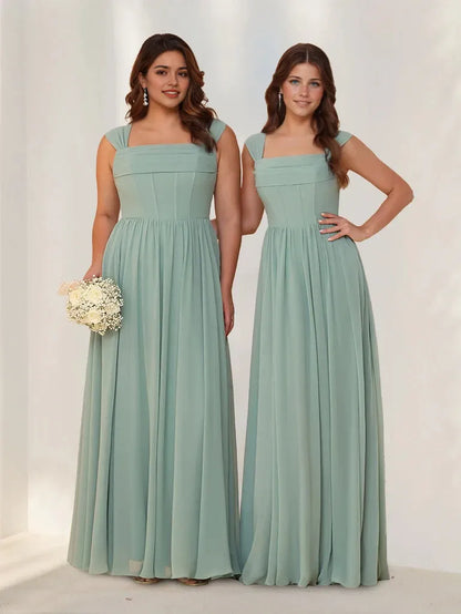 A-Line Princess Square Neck Sleeveless Floor-Length Chiffon Bridesmaid Dresses with Pleats