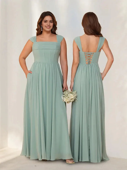A-Line Princess Square Neck Sleeveless Floor-Length Chiffon Bridesmaid Dresses with Pleats