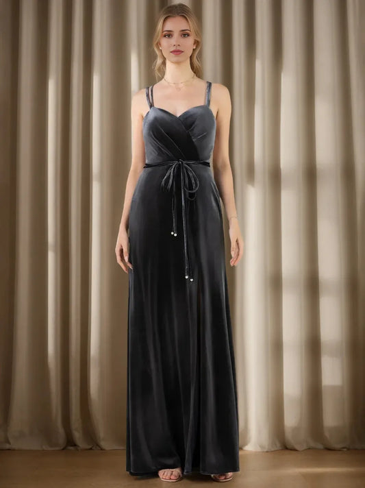 A-Line Princess Square Sleeveless Floor-Length Velvet Bridesmaid Dresses with Ruffles