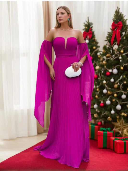 A-Line Princess Strapless 12 Sleeves Floor-Length Pure Color Evening Dresses