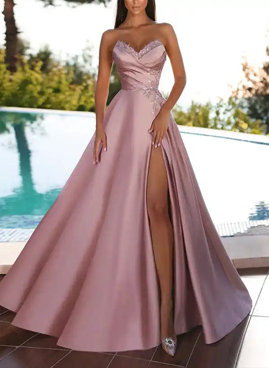 A-Line Princess Strapless Floor-Length Prom Floral Dresses With Split Side