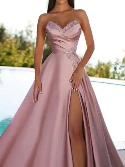 A-Line Princess Strapless Floor-Length Prom Floral Dresses With Split Side